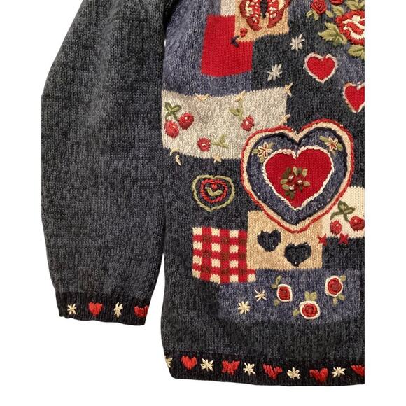 VNTG heirloom Collectibles Heart embroidered Cardigan Sweater Large blue - Picture 4 of 5